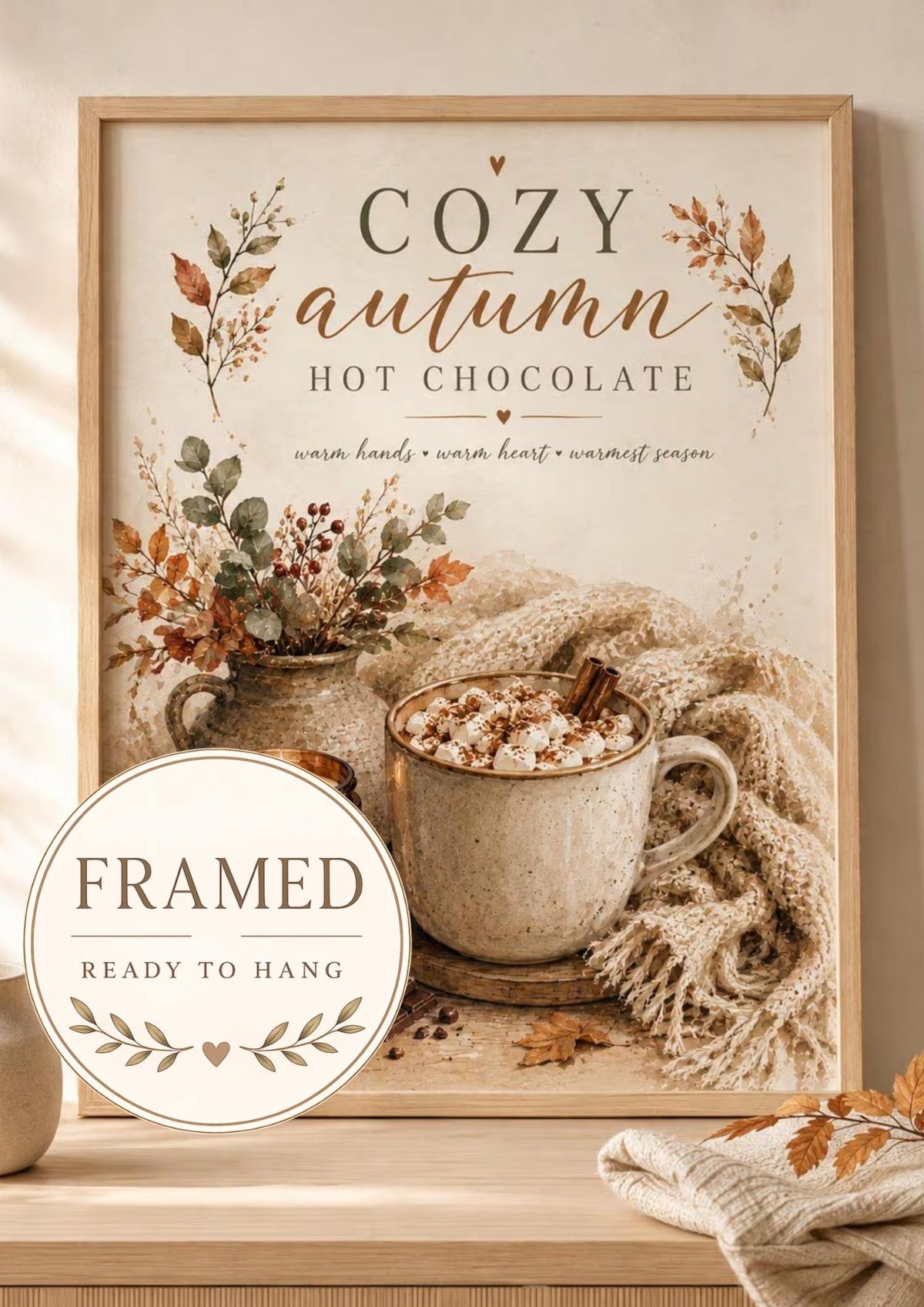 Framed autumn hot chocolate print with ready to hang badge