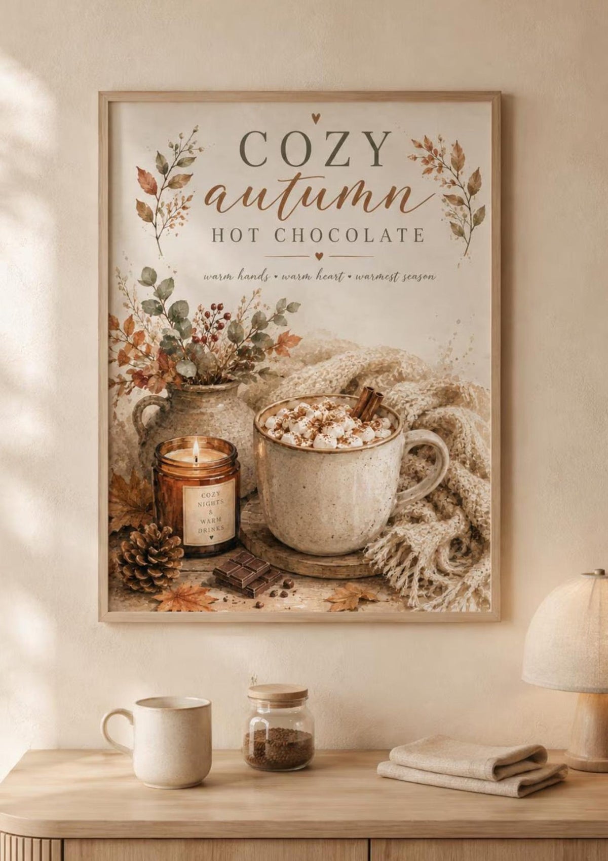 Autumn hot chocolate framed print lifestyle image 2