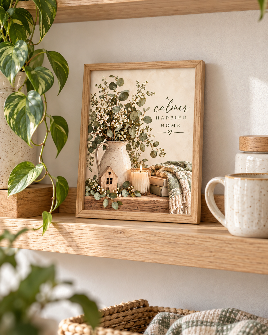 A calmer happier home botanical artwork with eucalyptus, white wildflowers, rustic jug, candle, wooden house and knitted blanket styled in a shelf