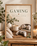 Gaming room artwork with Play Pause Recharge quote, controller, headphones, coffee and foliage; print only, frame not included