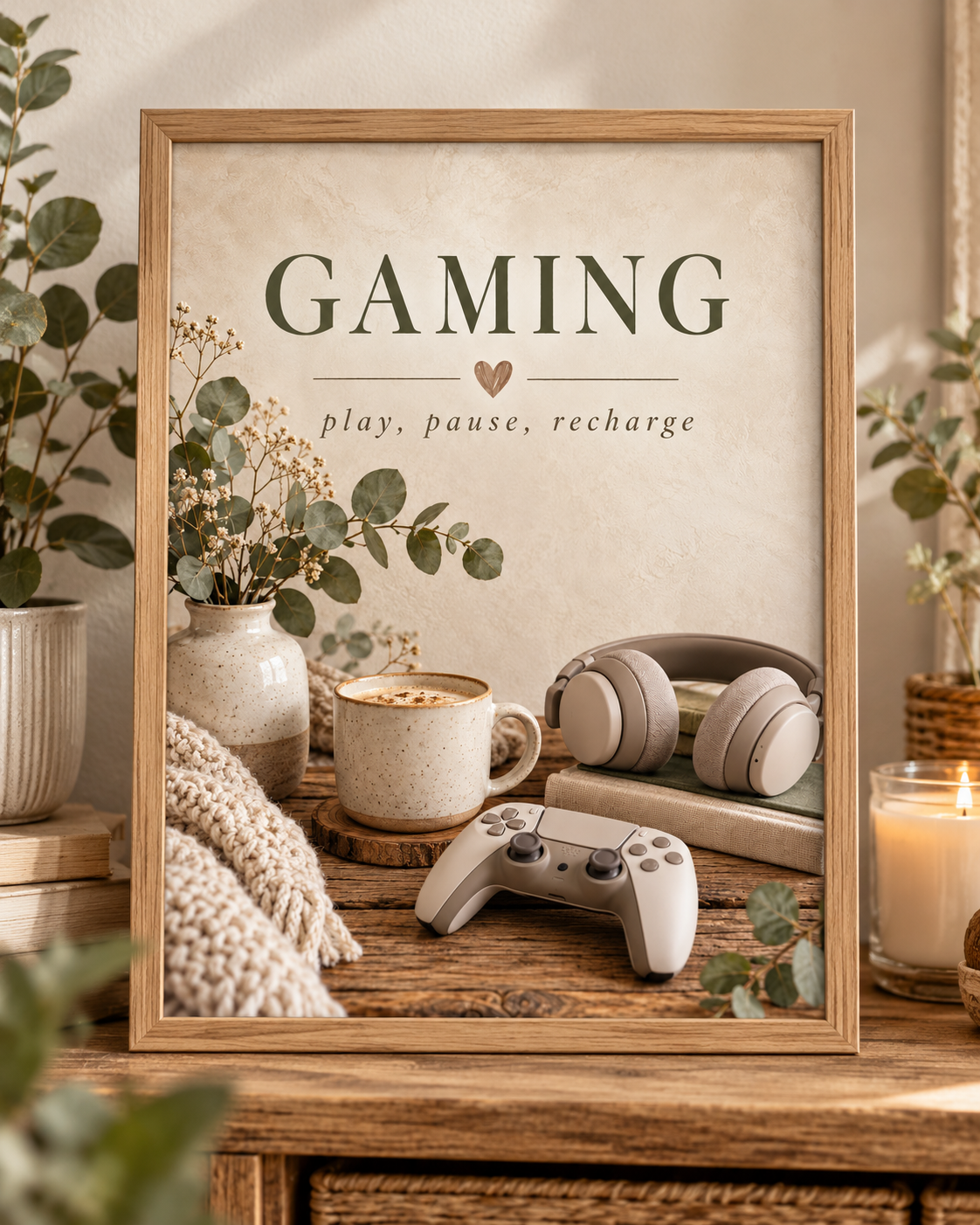 Gaming room artwork with Play Pause Recharge quote, controller, headphones, coffee and foliage; print only, frame not included