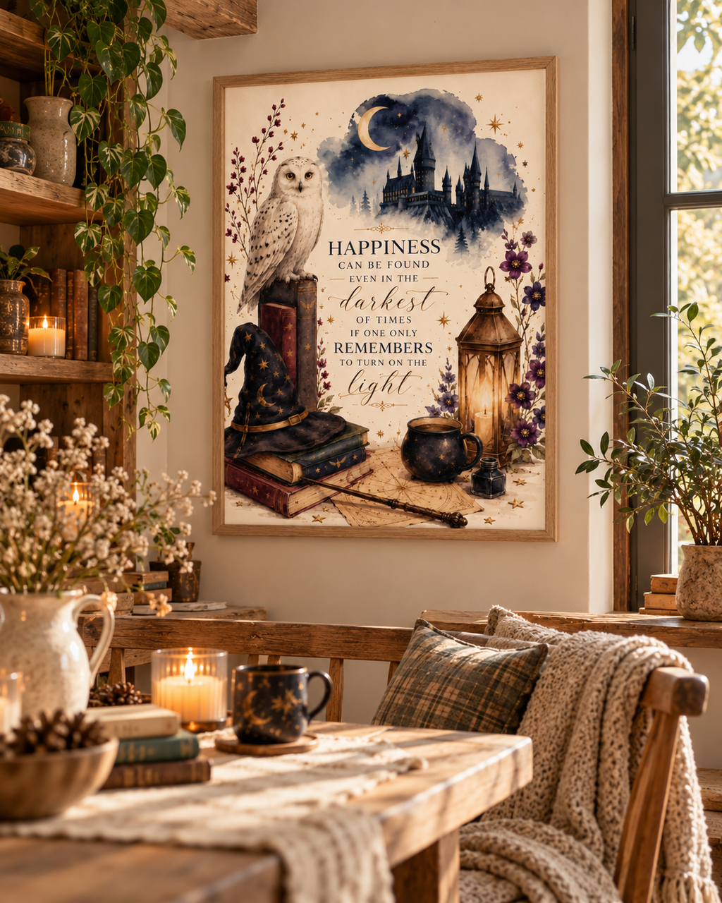 Magical snowy owl, moonlit castle, books, wizard hat and glowing lantern with an inspirational light and happiness quote styled in a dining area