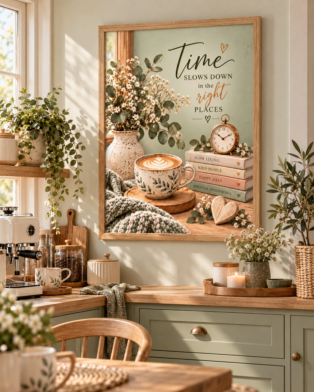 Time Slows Down in the Right Places artwork with flowers, coffee cup, books, vintage clock and wooden heart styled in a kitchen