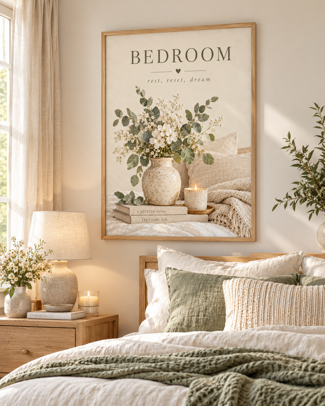 Bedroom rest reset dream quote with white flowers, sage foliage, ceramic vase, candle, books and soft neutral bedding styled in a bedroom