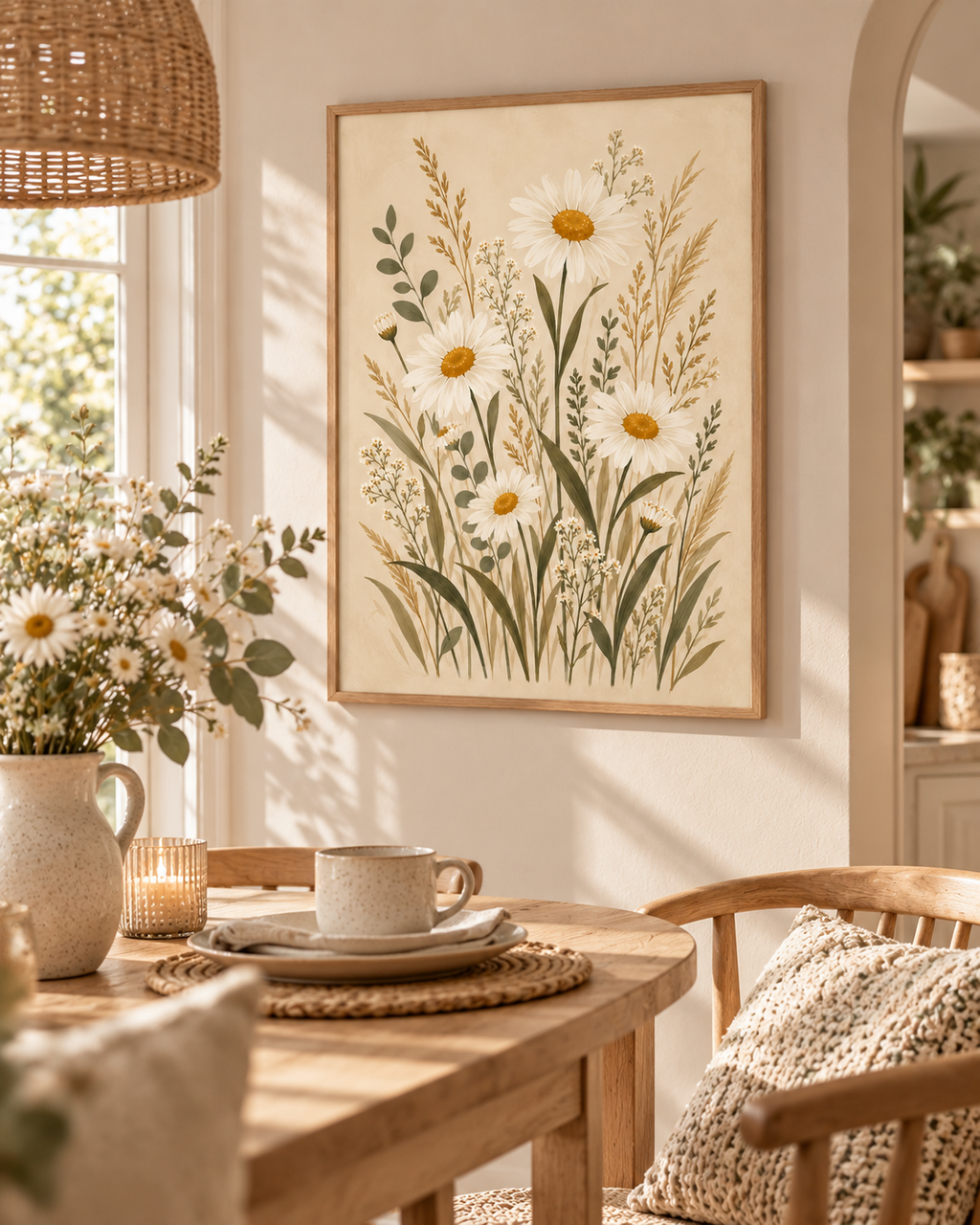 Cream daisy wildflowers with sage green foliage styled in a dining area