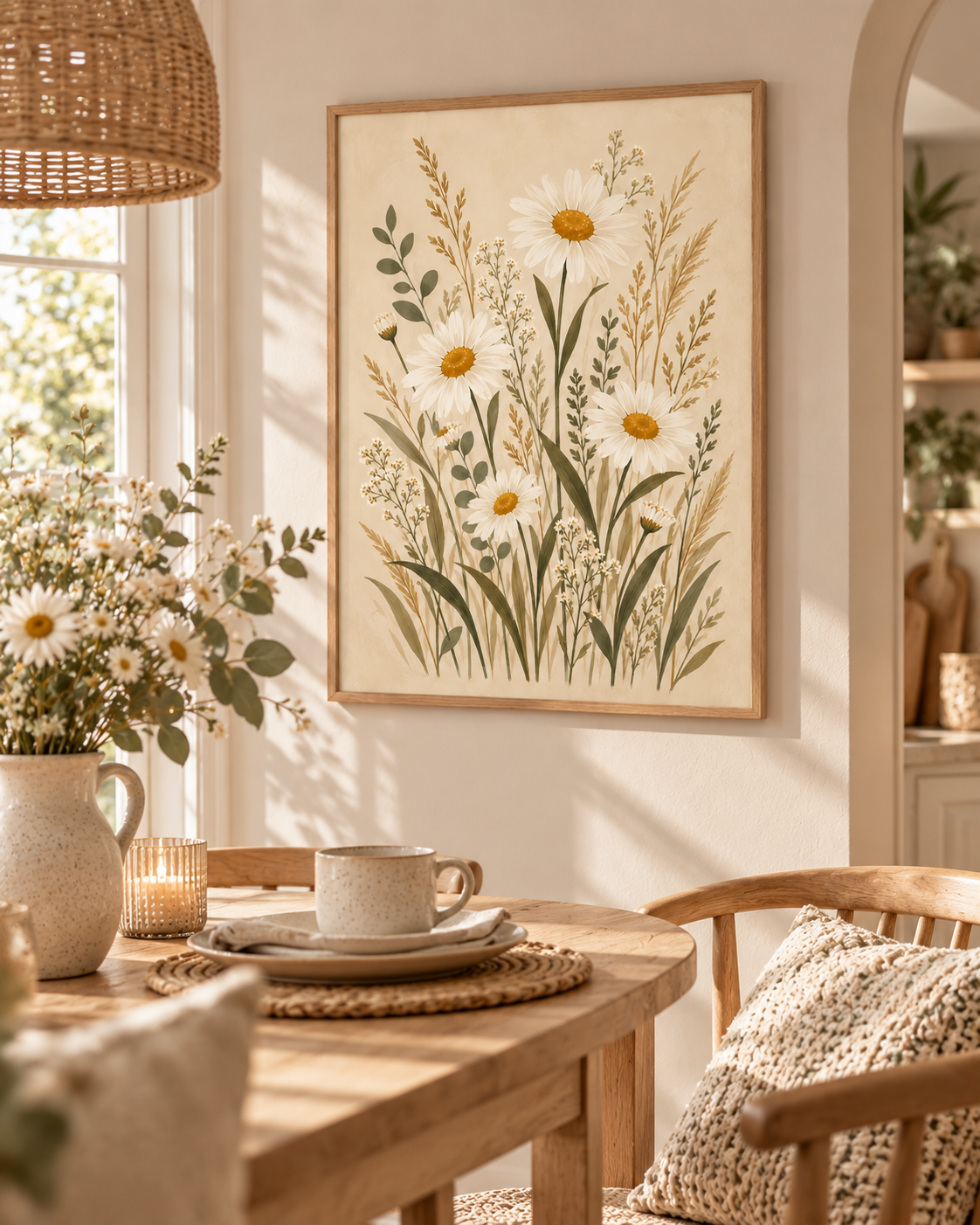 Cream daisy wildflowers with sage green foliage styled in a dining area