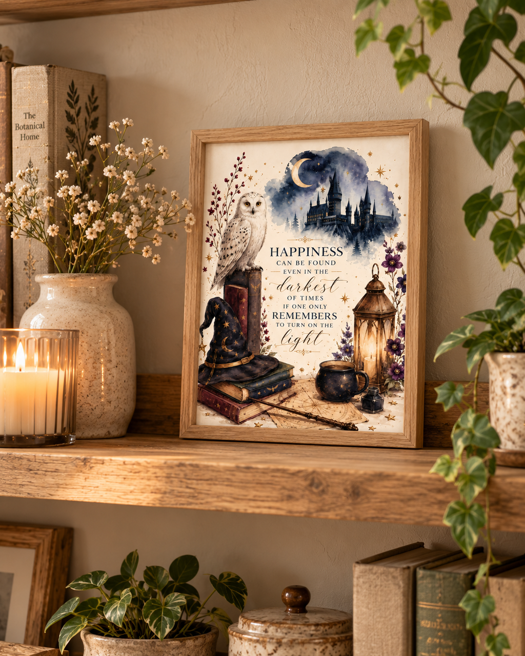 Magical snowy owl, moonlit castle, books, wizard hat and glowing lantern with an inspirational light and happiness quote styled in a shelf display