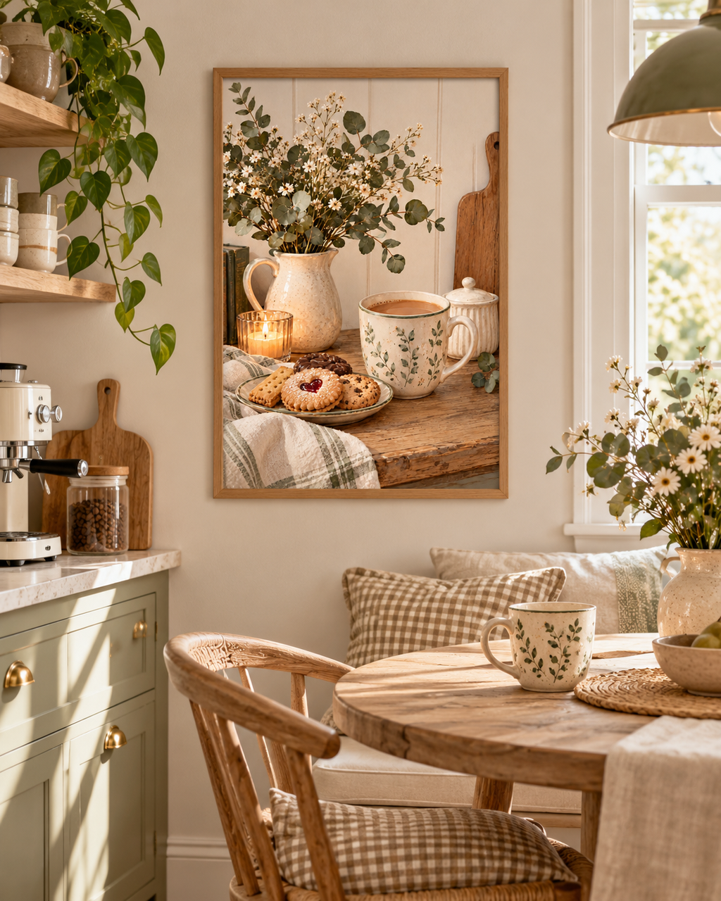 Cosy coffee and biscuits still life with botanical ceramic mug, white flowers, sage greenery, candle and rustic wooden tabletop styled in a dining area