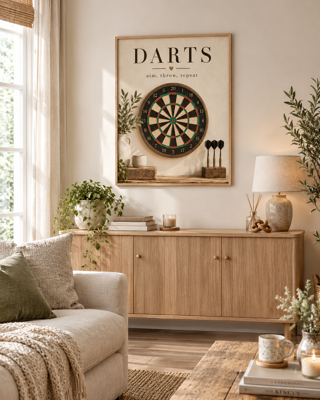 Vintage dartboard with Darts and aim, throw, repeat wording, rustic wood and greenery styled in a living room