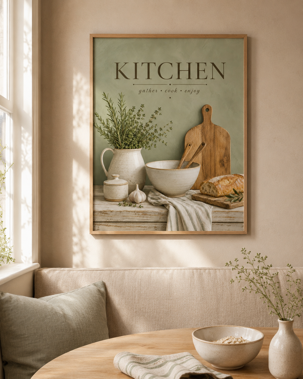 Sage green Kitchen gather cook enjoy artwork with herbs, ceramic jug, mixing bowl, wooden utensils, bread and garlic styled in a breakfast nook