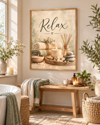 Relax spa artwork with candles, rolled towels, reed diffuser and smooth stones above a bathroom cabinet