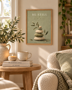 Be Still and Know You Are Enough quote with sage-green balancing stones and delicate olive branches styled in a reading corner