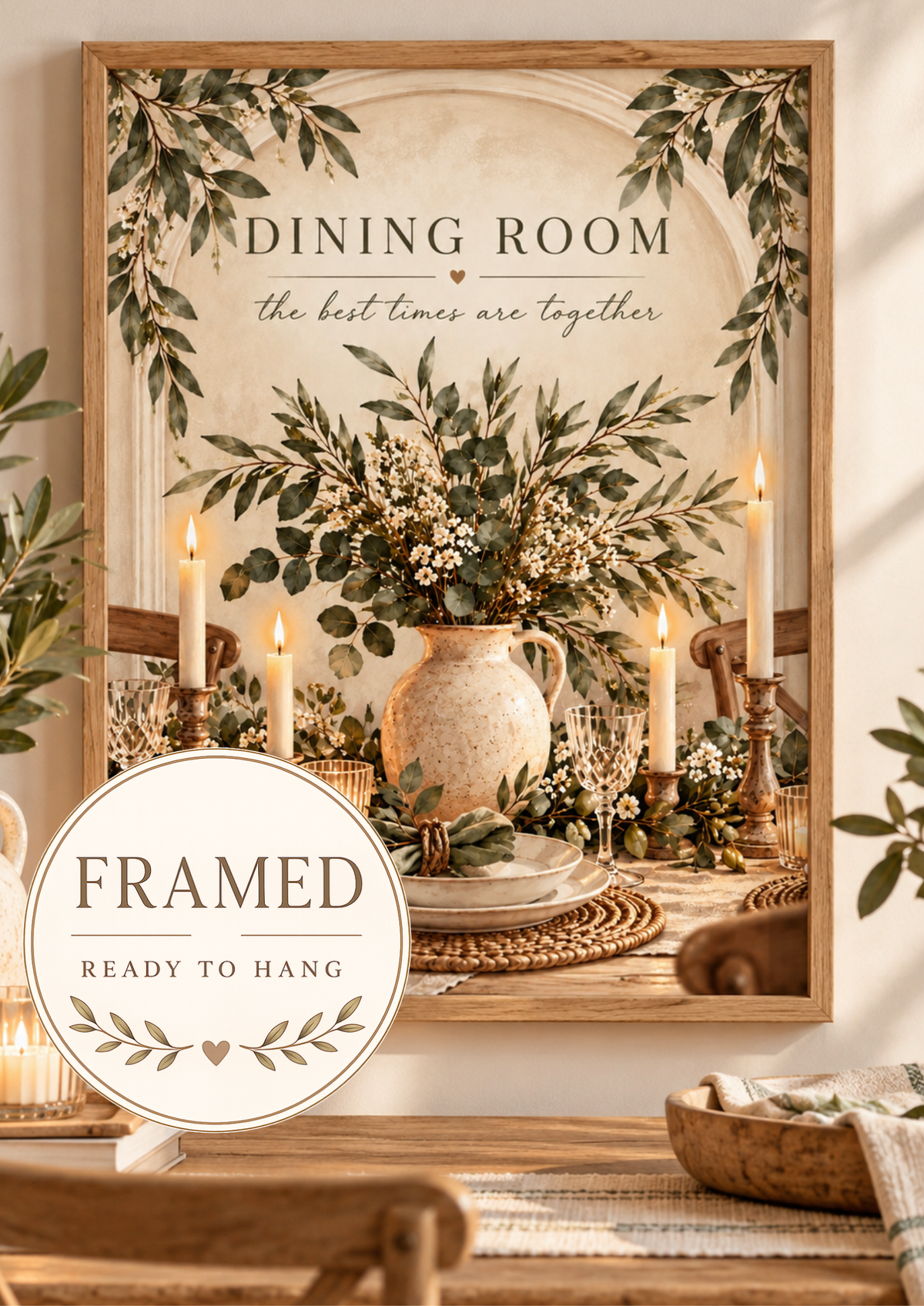 Dining Room the best times are together quote with sage greenery, white flowers, ceramic jug, candles and rustic table setting; framed and ready to hang badge