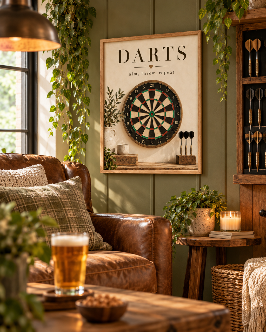 Vintage dartboard with Darts and aim, throw, repeat wording, rustic wood and greenery styled in a home bar