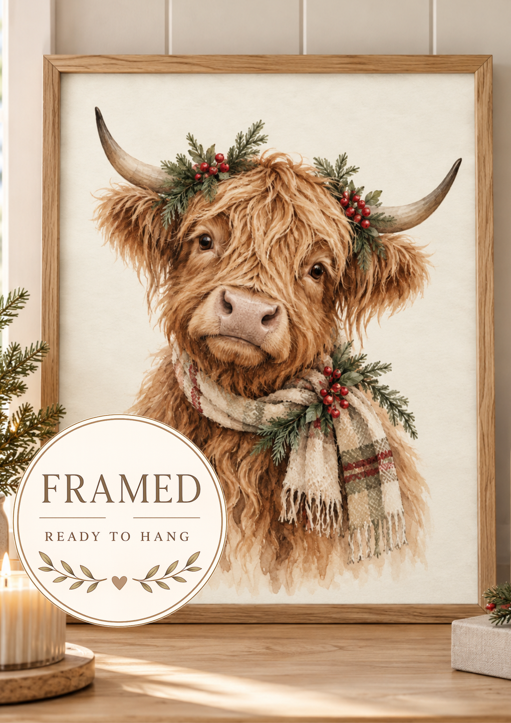 Christmas Highland cow watercolour with tartan scarf, evergreen sprigs and red berries; framed and ready to hang badge