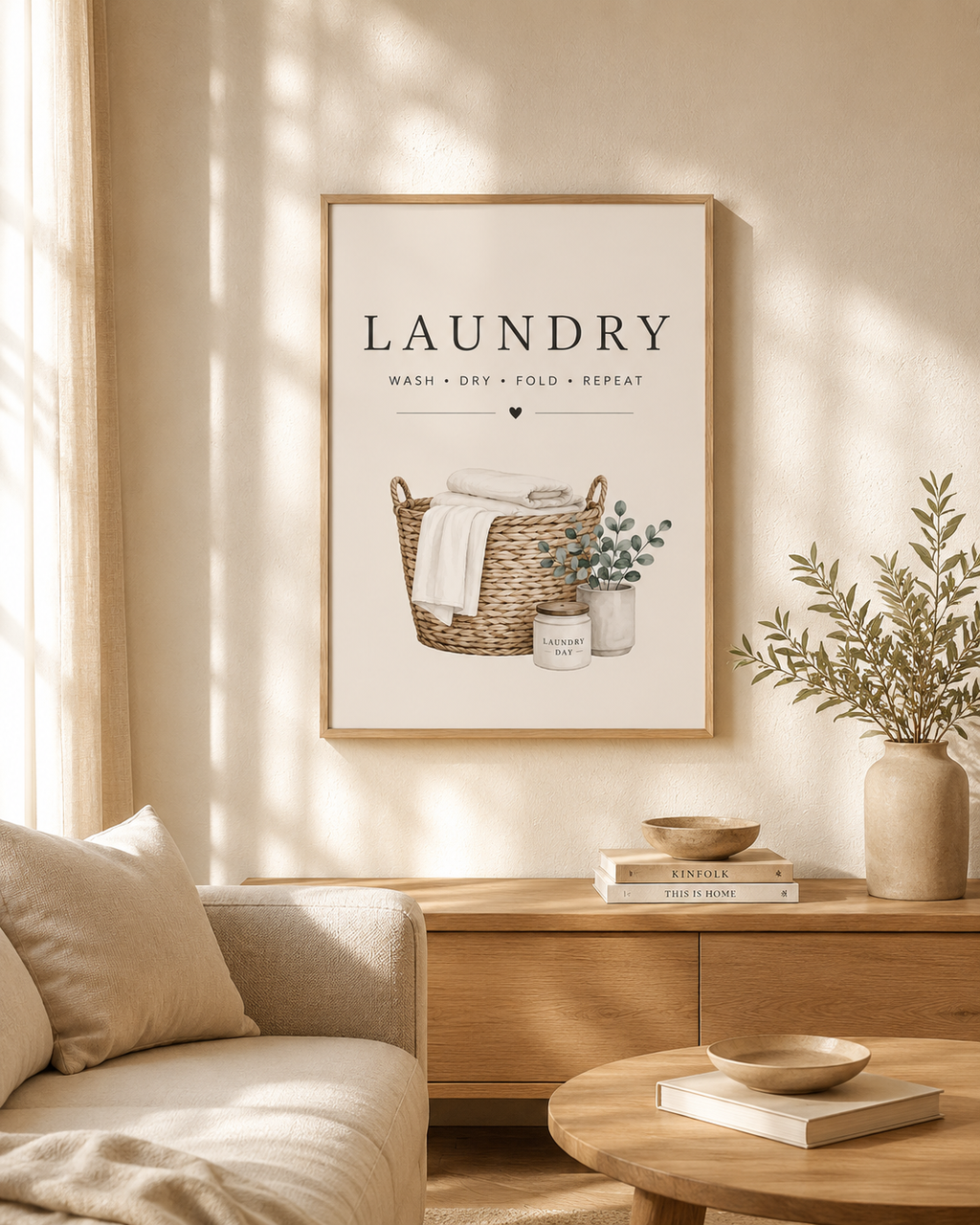 Laundry basket with folded linens, foliage and wash dry fold repeat lettering styled in a living room