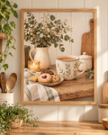 Cosy coffee and biscuits still life with botanical ceramic mug, white flowers, sage greenery, candle and rustic wooden tabletop; print only, frame not included