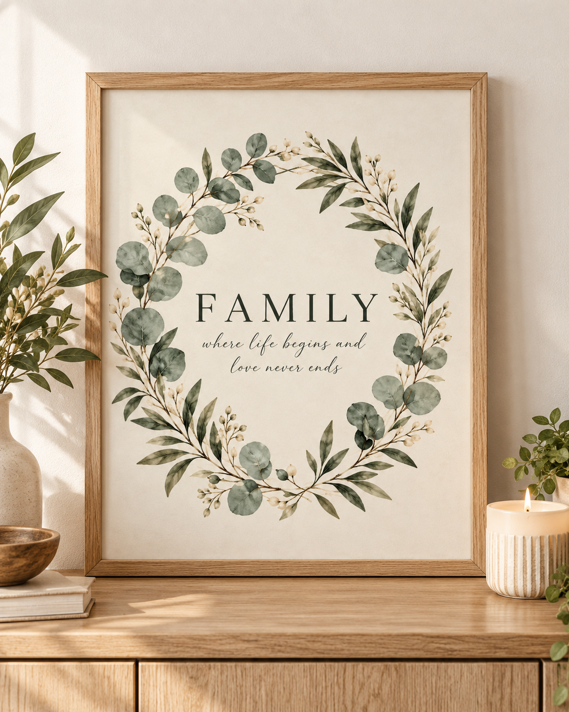 Family where life begins and love never ends quote surrounded by a sage green eucalyptus and white flower wreath; print only, frame not included