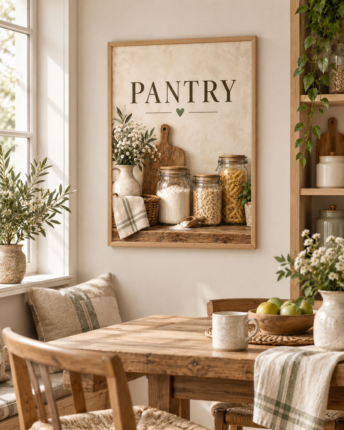 Rustic pantry artwork with glass storage jars, wooden chopping board, ceramic jug, white flowers and PANTRY lettering styled in a dining area