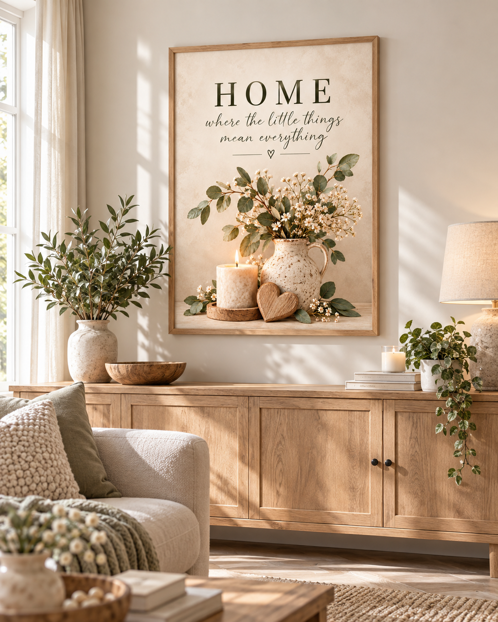 Home quote artwork above a wooden sideboard in a neutral living room