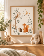 Woodland nursery owl, squirrel and hedgehog beneath a crescent moon and stars styled in a nursery