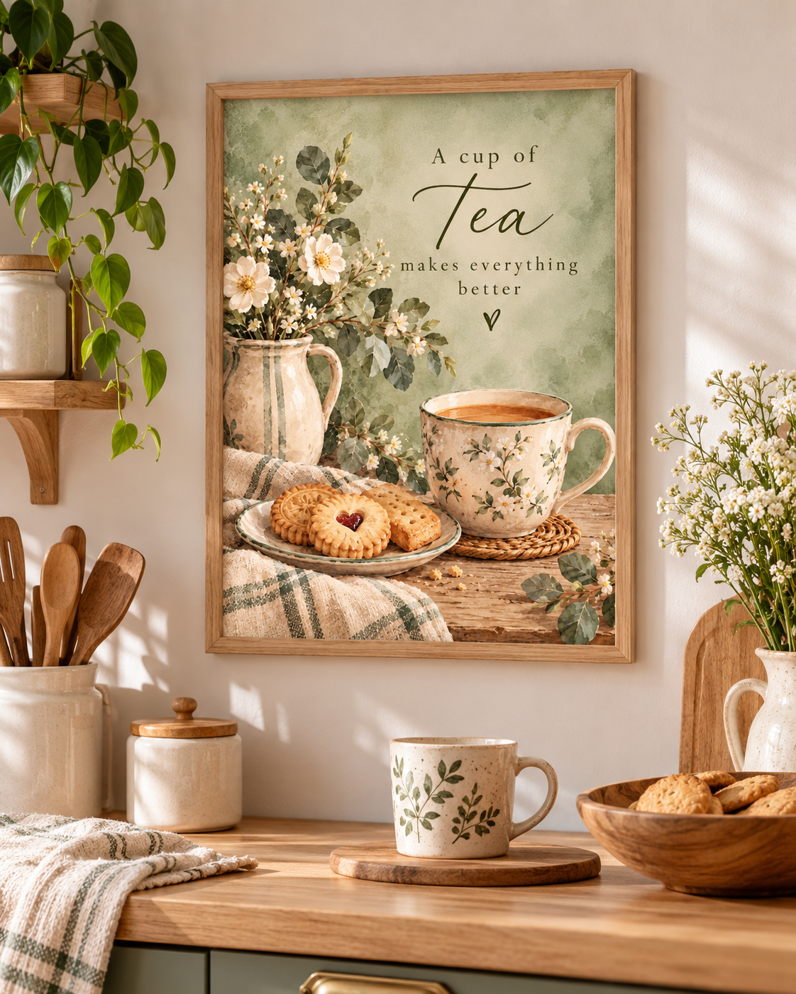 A cup of tea makes everything better quote with floral teacup, biscuits, daisies, ceramic jug and sage green background styled in a kitchen