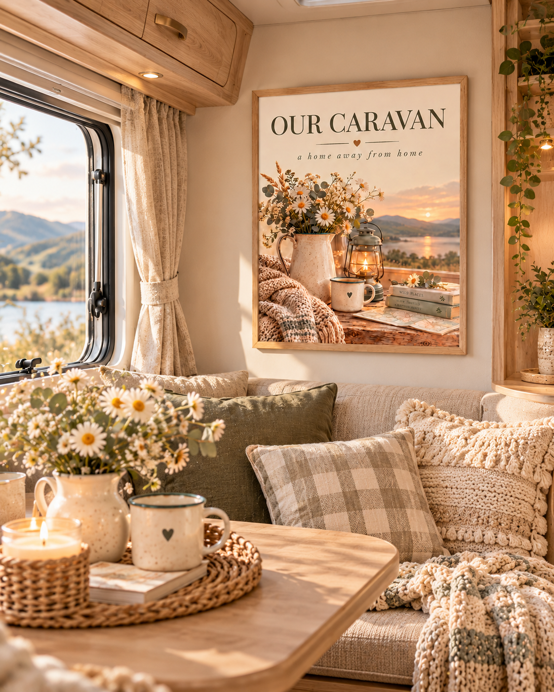 Our Caravan a home away from home quote with daisies, lantern, mug, knitted blanket and lakeside sunset styled in a caravan seating area