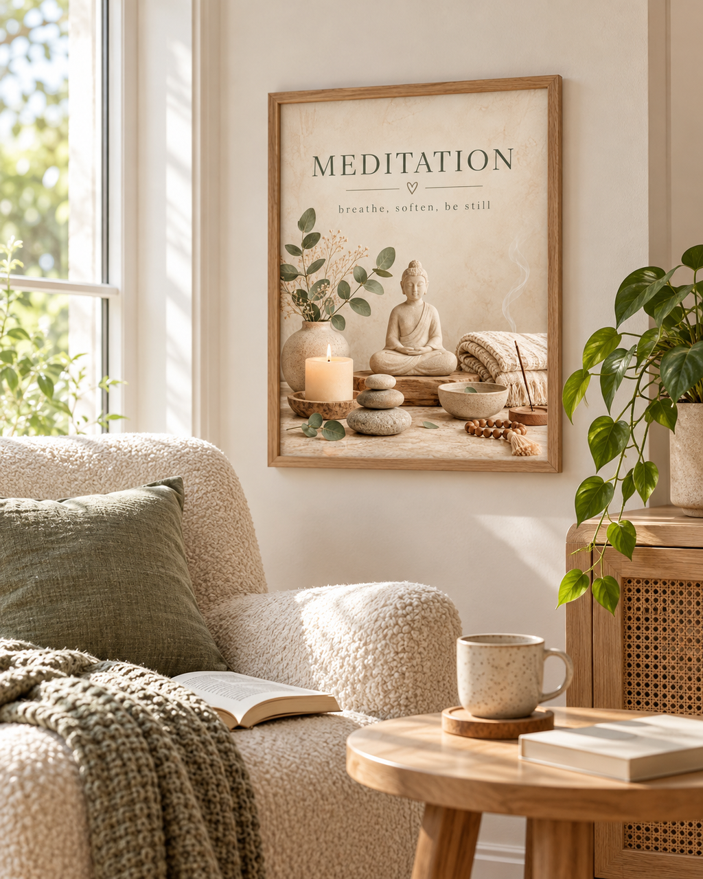Buddha meditation artwork with eucalyptus, candle, stones and the words breathe, soften, be still beside a cosy armchair