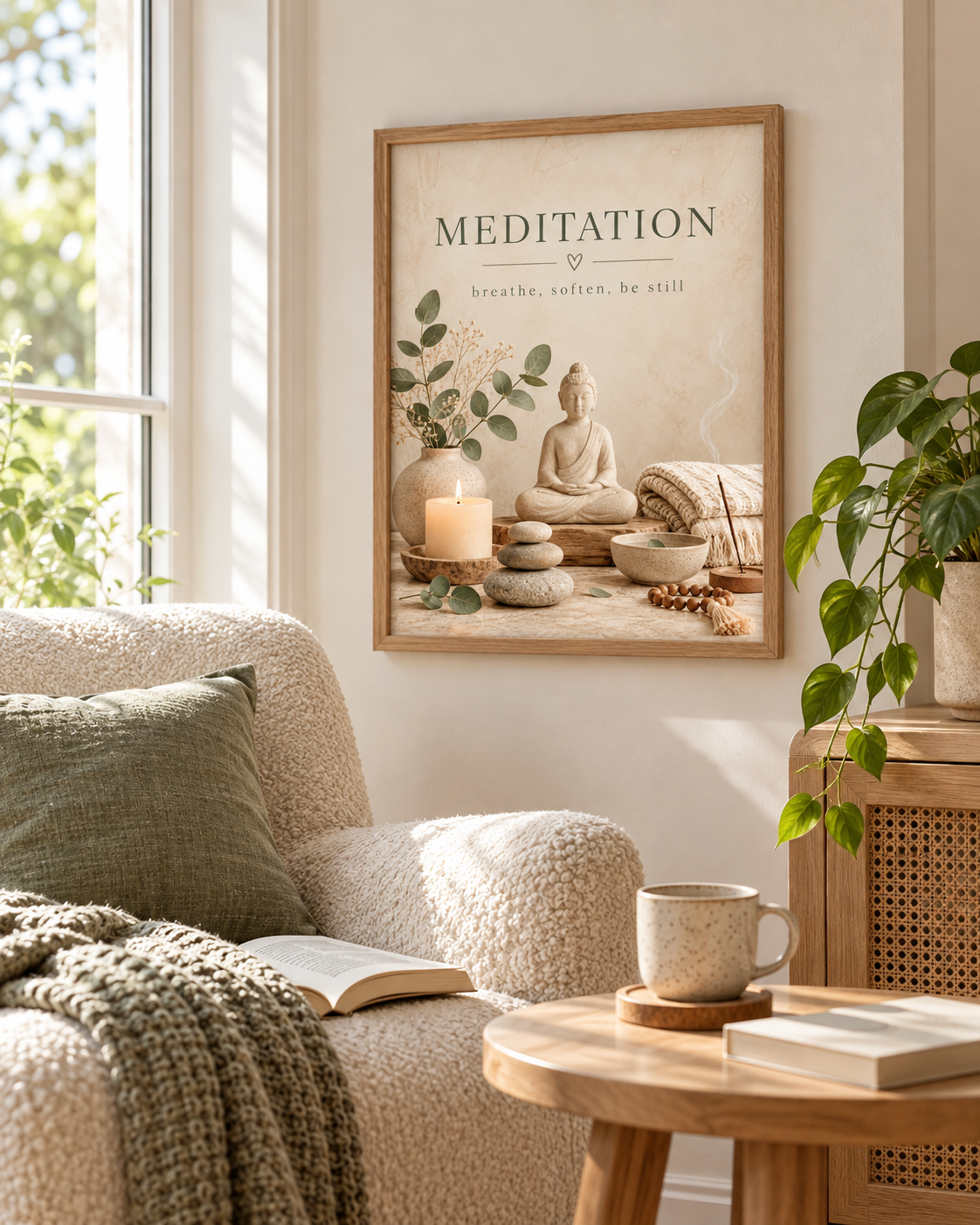 Buddha meditation artwork with eucalyptus, candle, stones and the words breathe, soften, be still beside a cosy armchair