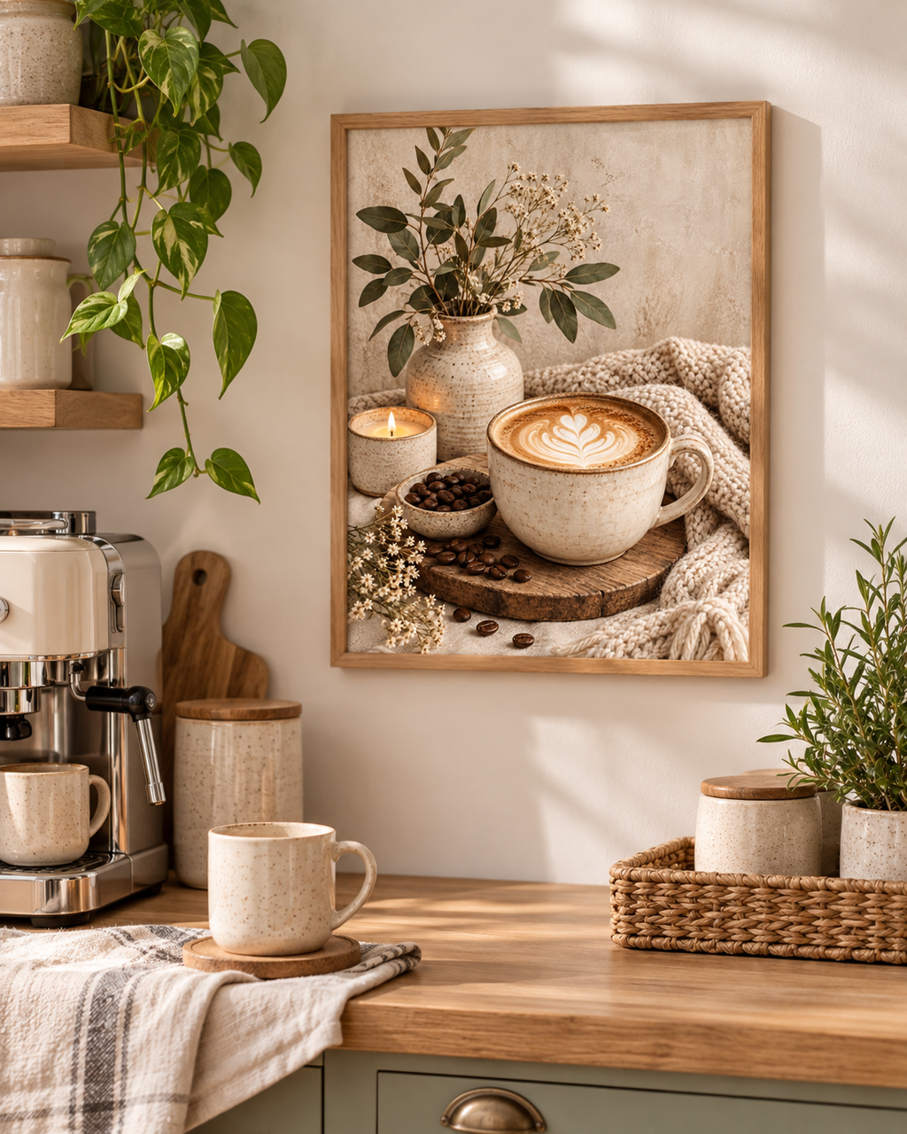 Cosy cappuccino with latte art, ceramic vase, candle and neutral knitted textures styled in a coffee corner