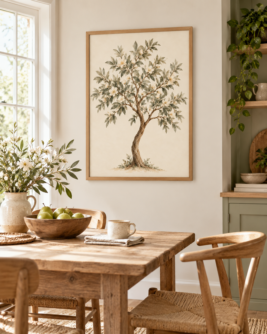 Watercolour botanical tree with sage green leaves, ivory white blossoms and a curved natural trunk on warm ivory styled in a dining area