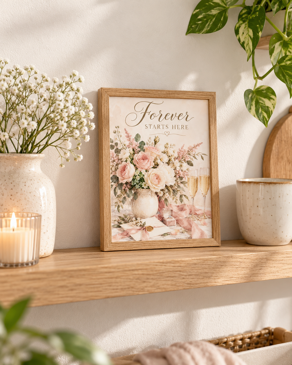 Forever Starts Here wedding artwork with blush and ivory roses, muted green foliage, champagne glasses, engagement ring, ribbons and wedding stationery styled in a shelf display