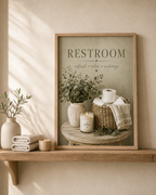 Sage green Restroom artwork styled in a warm neutral bathroom 3; frame shown for styling only.