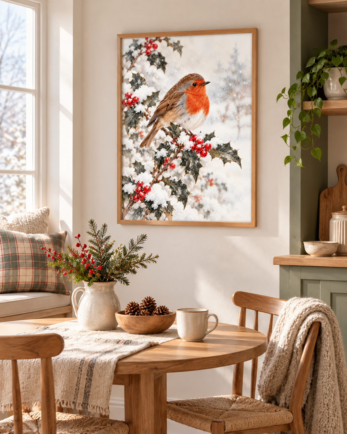 Winter robin perched on snowy holly branches with red berries and a softly painted winter background styled in a dining room