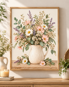 Pink wildflowers and white daisies with lavender stems and green foliage in a cream ceramic jug on a rustic tabletop; print only, frame not included