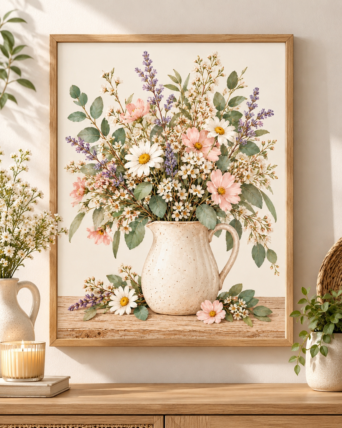 Pink wildflowers and white daisies with lavender stems and green foliage in a cream ceramic jug on a rustic tabletop; print only, frame not included