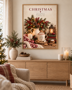 Cosy Christmas hot chocolate still life with evergreen foliage, red berries, candle and lantern styled in a living room