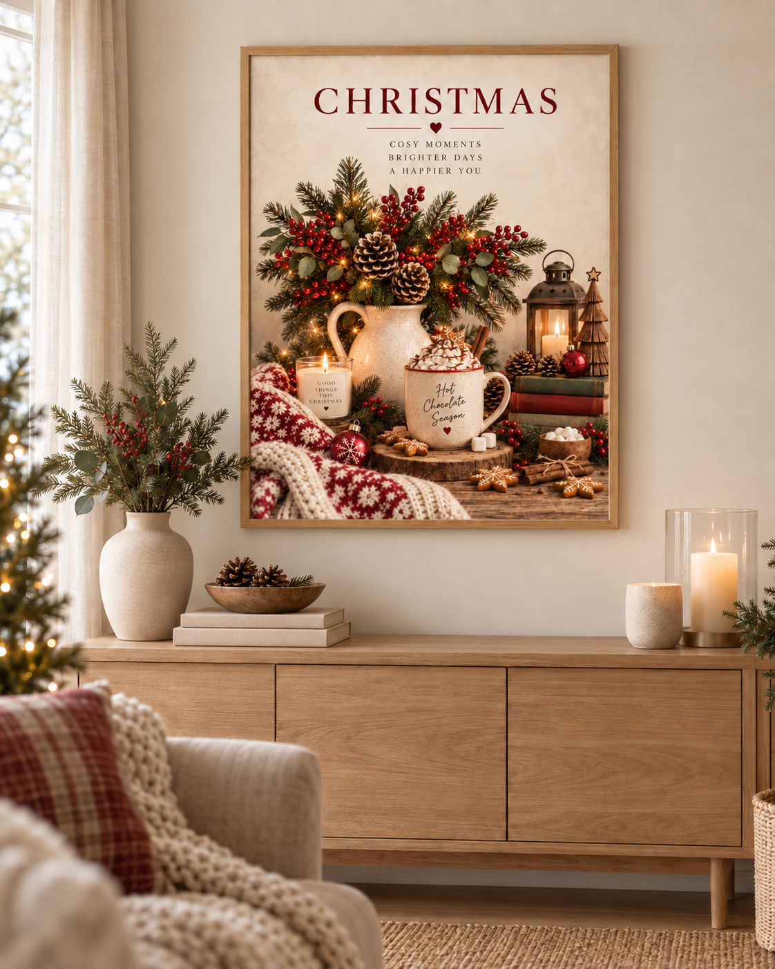 Cosy Christmas hot chocolate still life with evergreen foliage, red berries, candle and lantern styled in a living room