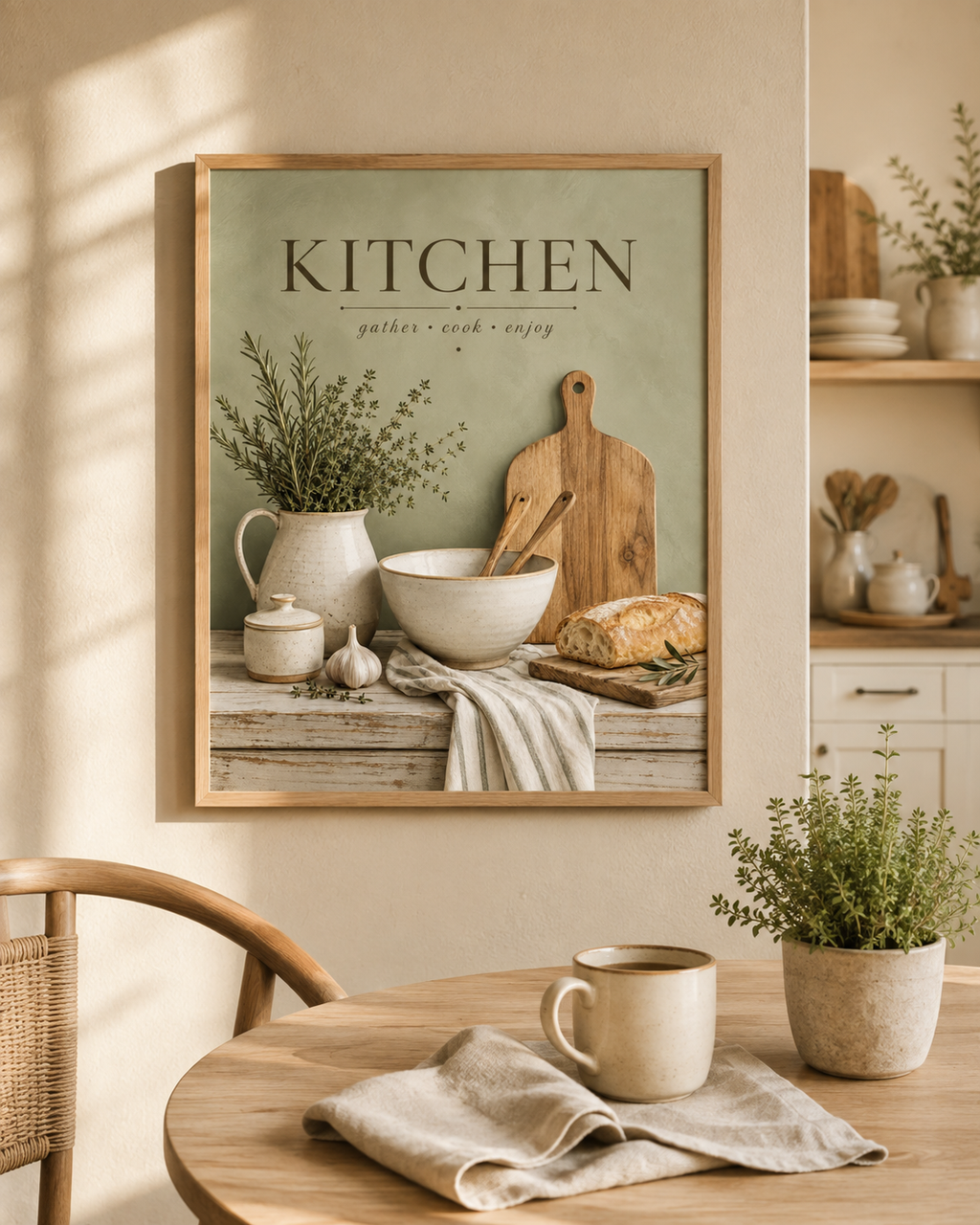 Sage green Kitchen gather cook enjoy artwork with herbs, ceramic jug, mixing bowl, wooden utensils, bread and garlic styled in a dining area