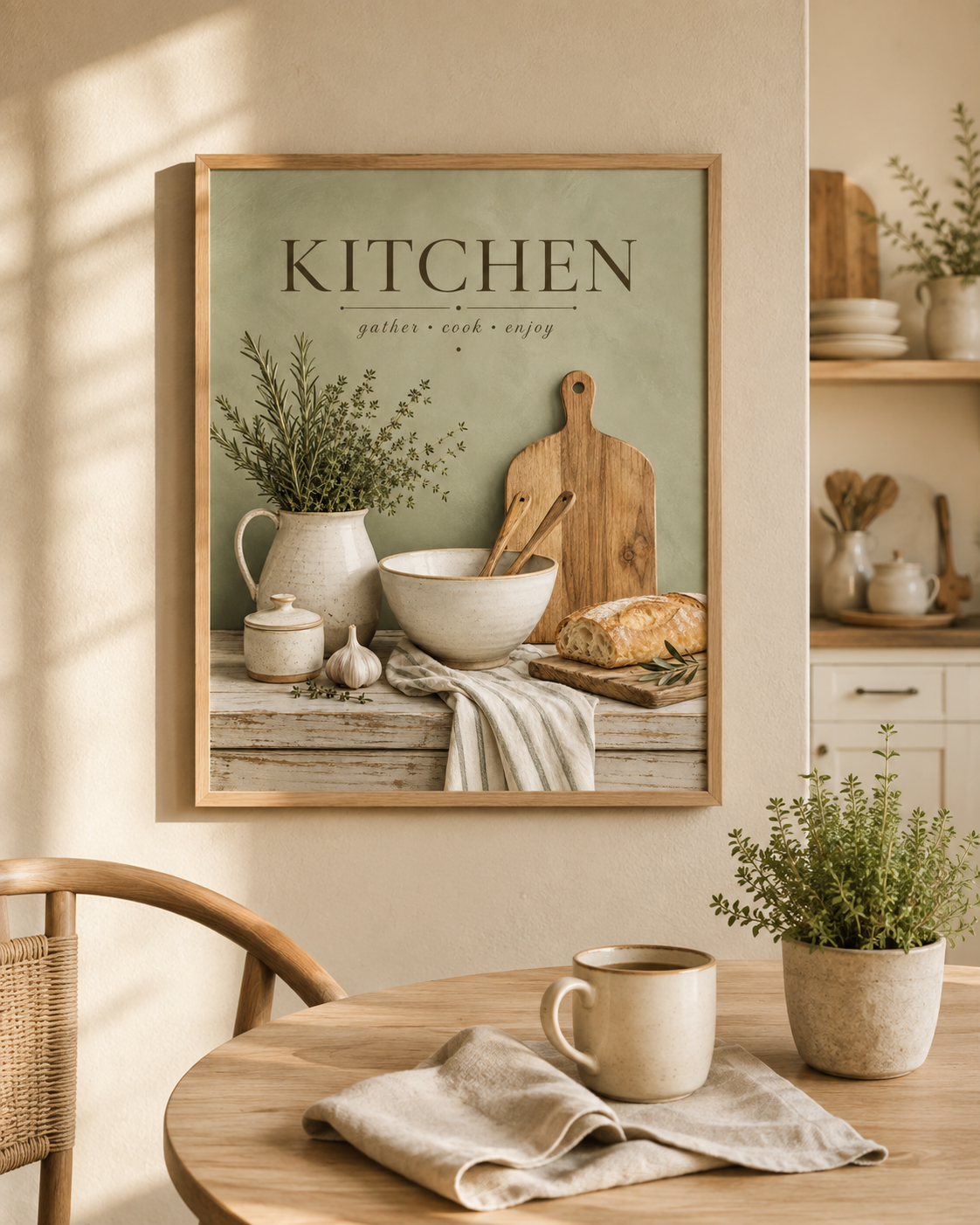Sage green Kitchen gather cook enjoy artwork with herbs, ceramic jug, mixing bowl, wooden utensils, bread and garlic styled in a dining area