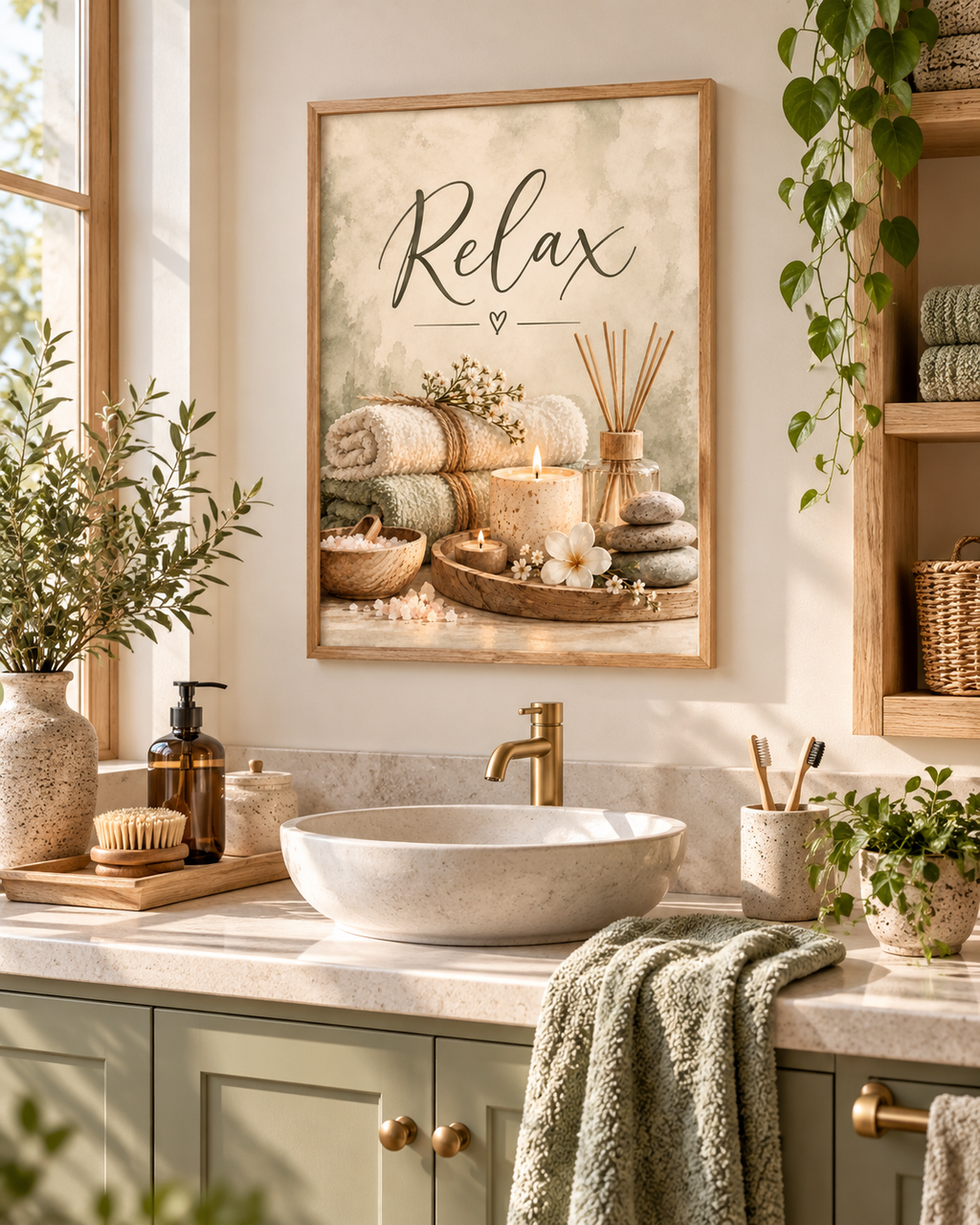 Relax spa artwork with candles, rolled towels, reed diffuser and smooth stones above a bathroom vanity