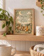 Nos Da Rwyn dy garu Welsh goodnight quote with deer, rabbit, bear and fox beneath a crescent moon and stars styled in a shelf display