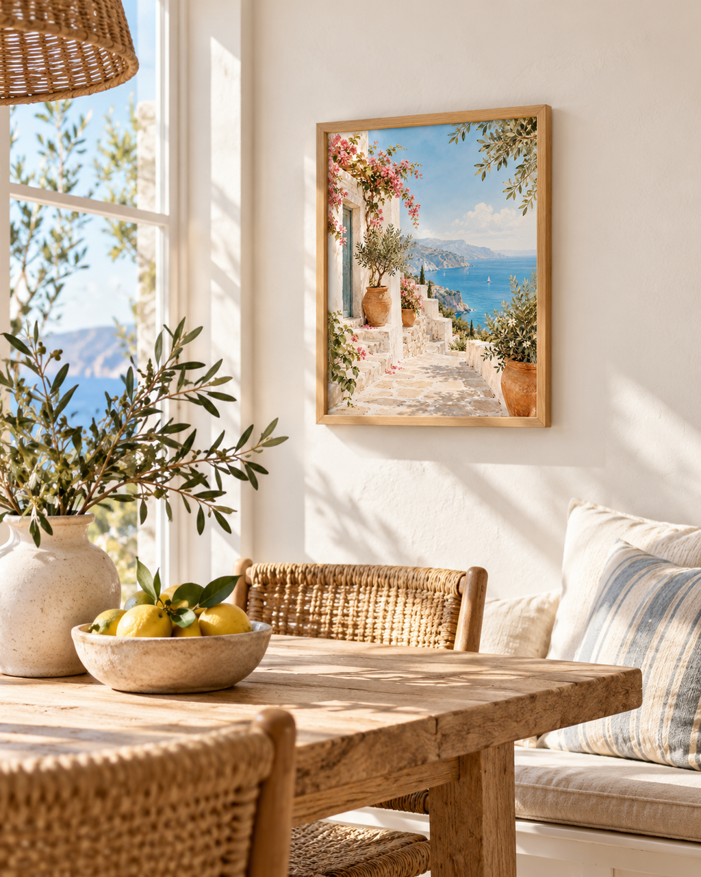 Mediterranean coastal scene with pink bougainvillea, whitewashed walls, terracotta pots and blue sea styled in a dining room