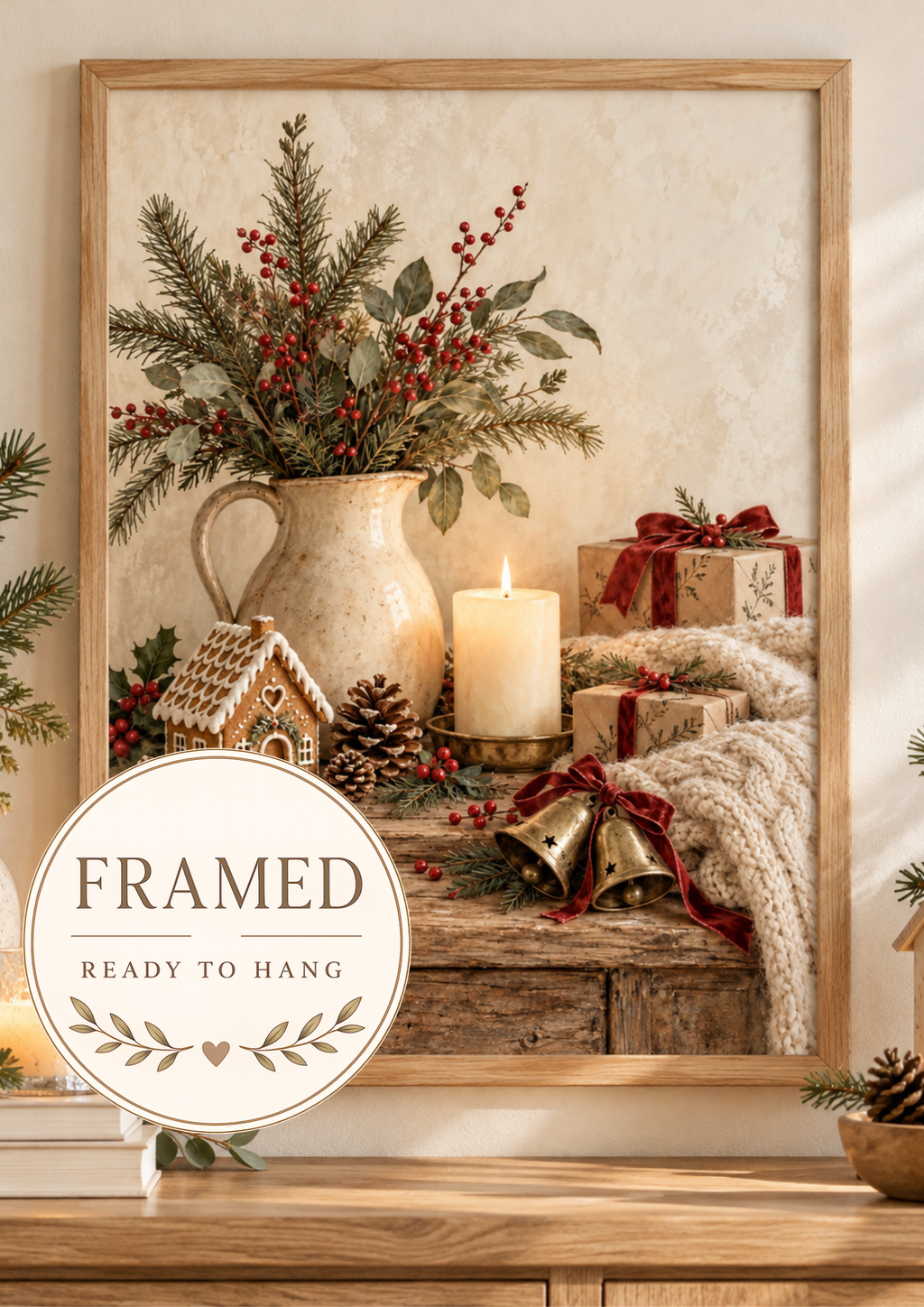 Rustic Christmas artwork with a gingerbread house, winter greenery, candle and wrapped gifts; framed and ready to hang badge