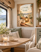 A Home Away From Home quote with lakeside view, lantern, mug, map, wildflowers and cosy blanket styled in a caravan seating area