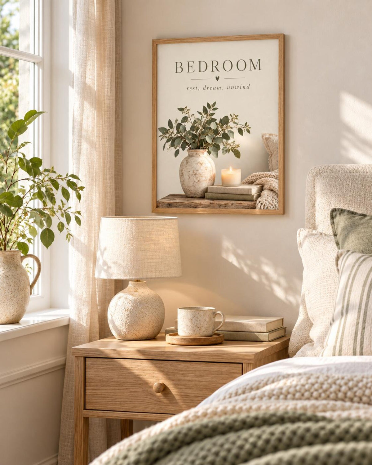 Bedroom rest dream unwind botanical artwork with eucalyptus, ceramic vase, candle, books and knitted blanket styled in a bedside