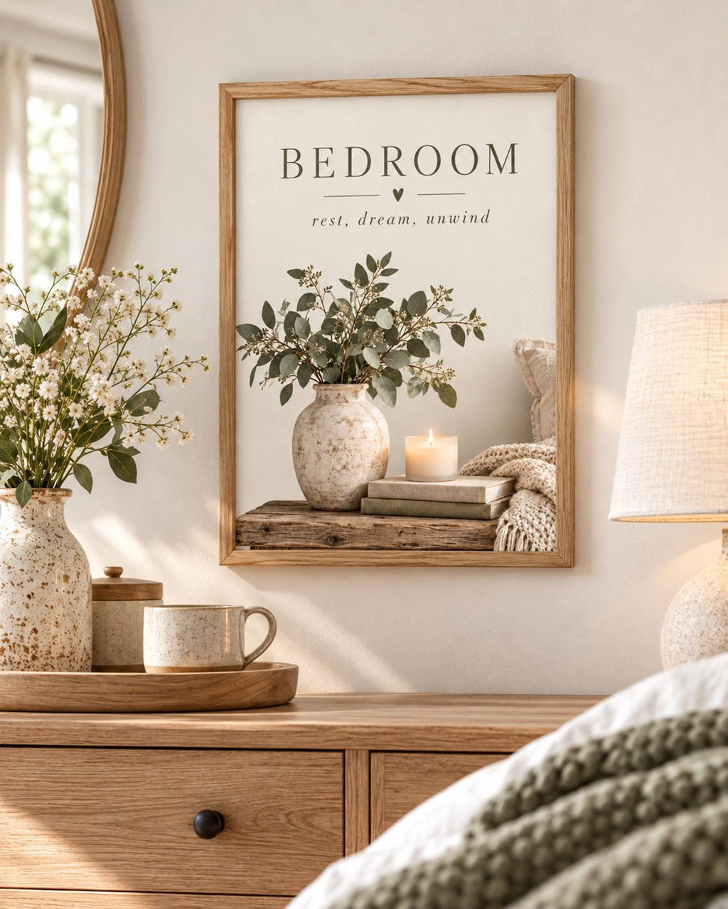 Bedroom rest dream unwind botanical artwork with eucalyptus, ceramic vase, candle, books and knitted blanket styled in a dresser