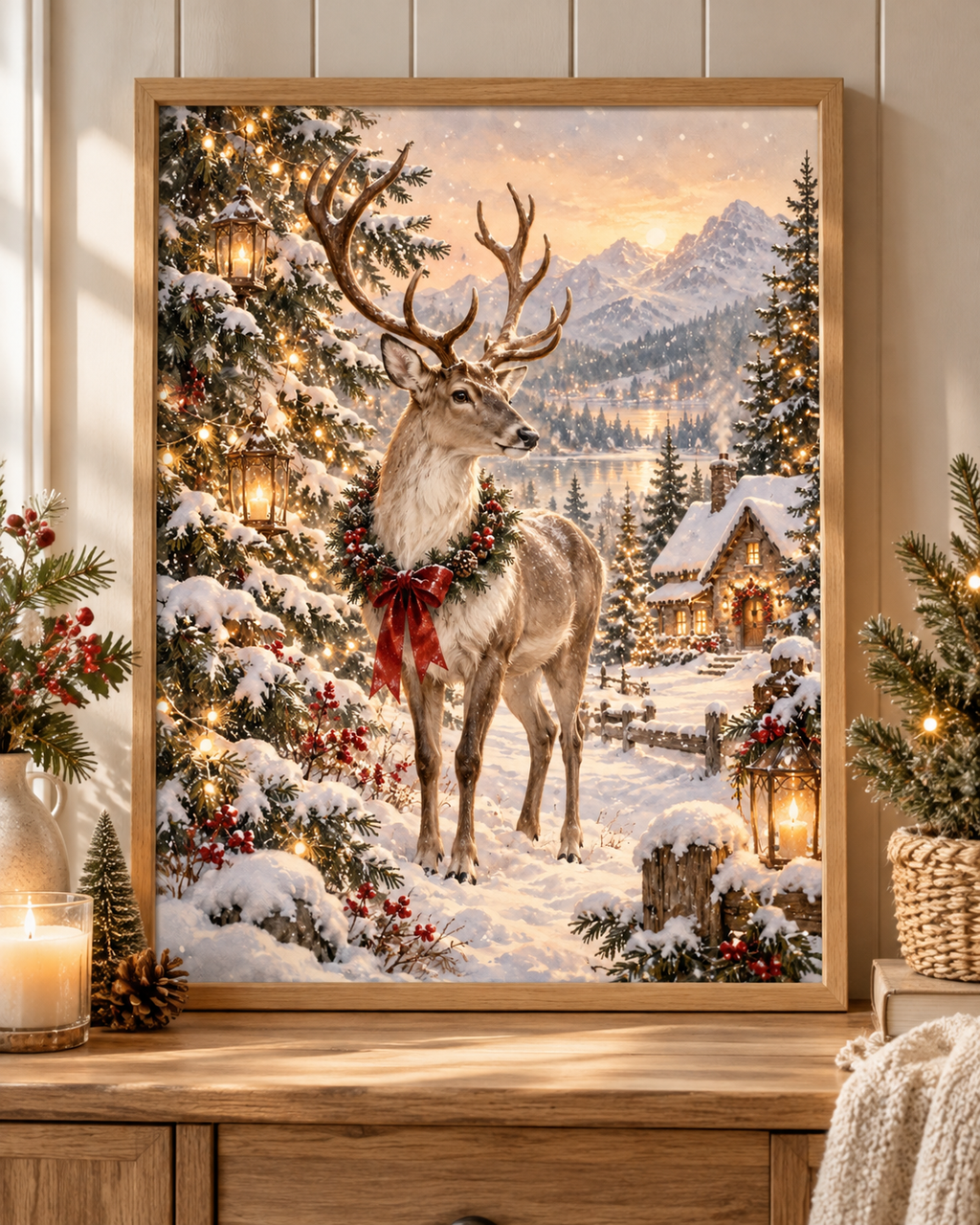 Christmas reindeer in a snowy woodland with festive lights, red ribbon, lantern and cosy mountain cottage; print only, frame not included