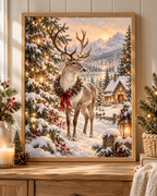 Christmas reindeer in a snowy woodland with festive lights, red ribbon, lantern and cosy mountain cottage; print only, frame not included