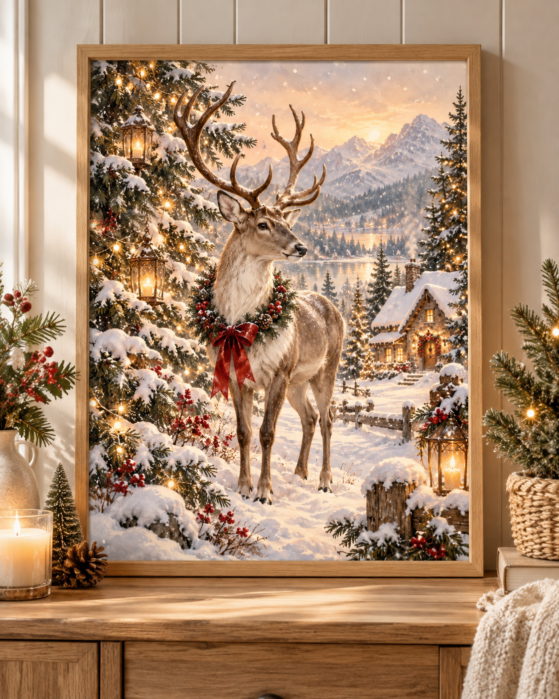 Christmas reindeer in a snowy woodland with festive lights, red ribbon, lantern and cosy mountain cottage; print only, frame not included